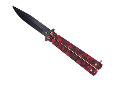 Butterfly Knife Metal Red Skulls 10cm Blade